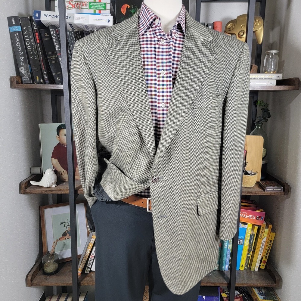Oak Creek Mens Sport Coat Blazer Two Button Beige GRY Herringbone Lambs Wool 46R